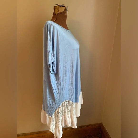 Oddy knit lace trim short sleeve blouse, oversized flowy top bohemian shirt - Picture 4 of 7